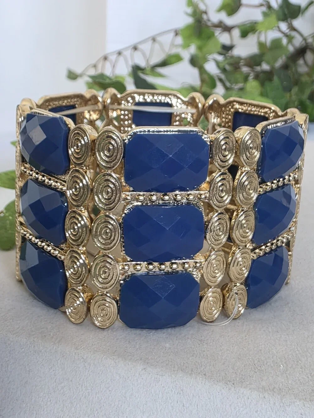 Bold Royal Blue Cabochon & Gold Tone Stretch Statement Cuff Bracelet